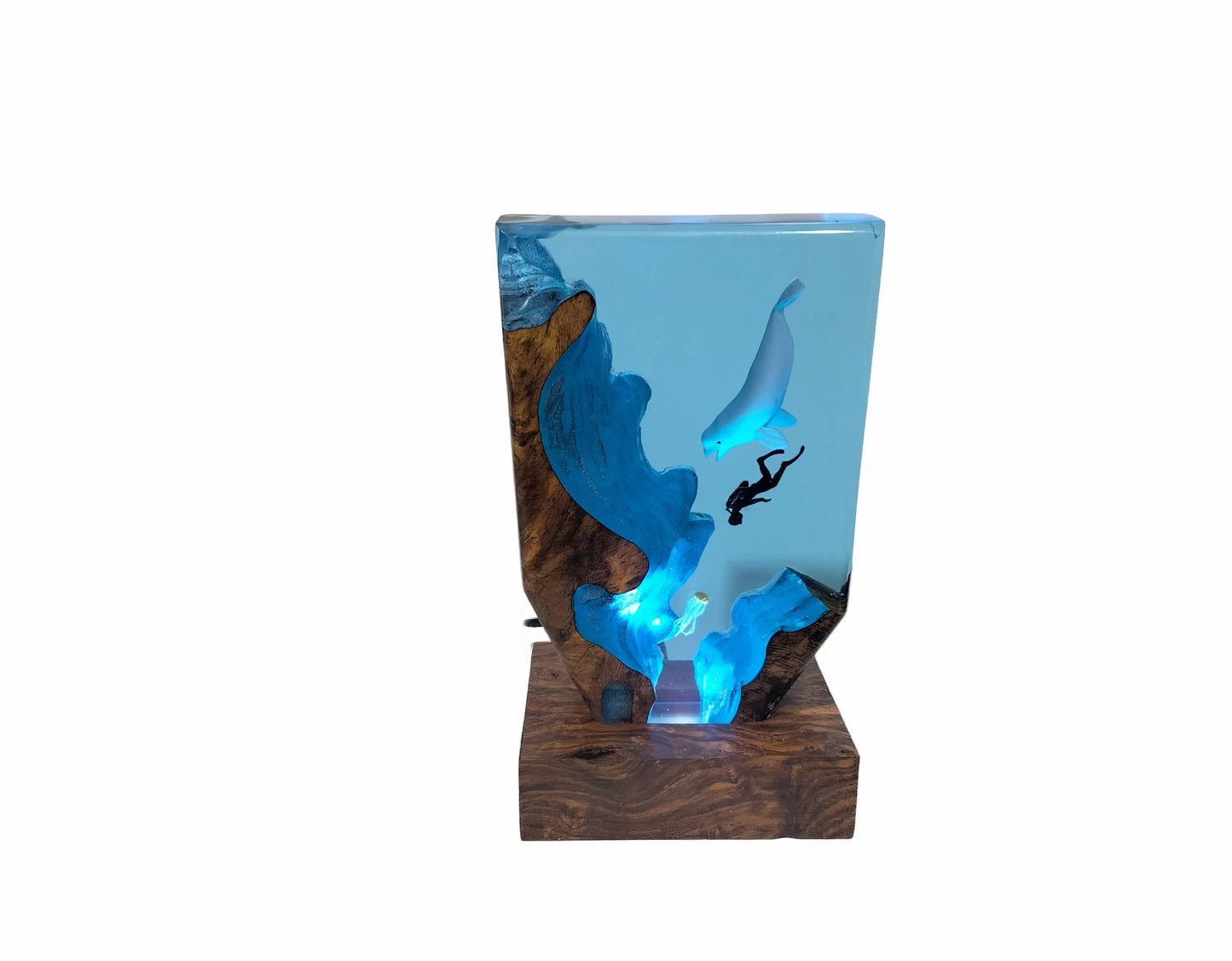 Resin and Epoxy Beluga Whale and Diver Lamp