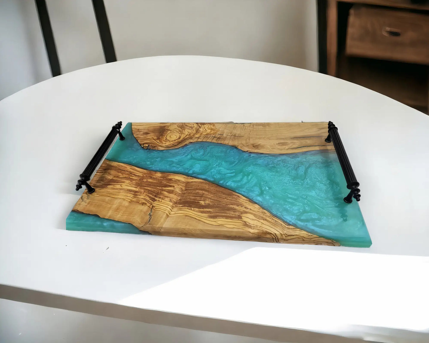 Handmade Resin Serving Tray With Metal Handles