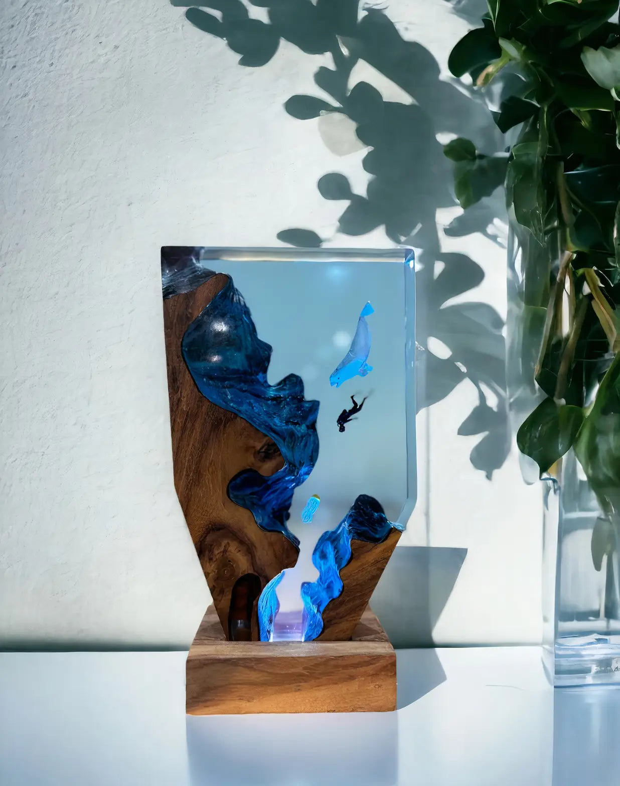 Resin and Epoxy Beluga Whale and Diver Lamp