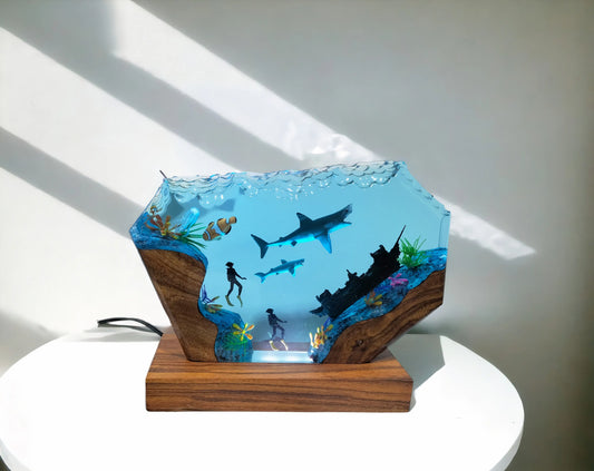 Epoxy Resin Shark and Diver Night Light